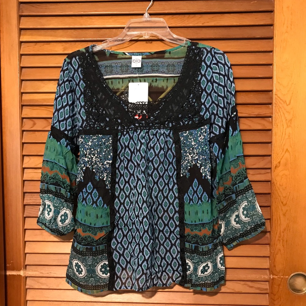 Sheer printed tunic with black trim